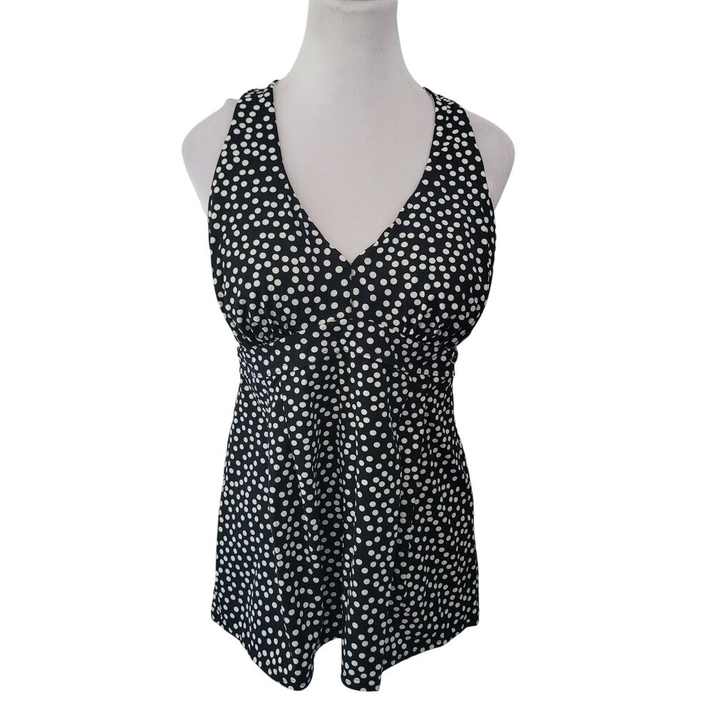 Lands' End Size 10R Black White Polka Dot Racerback Tankini Top Swimwear Retro